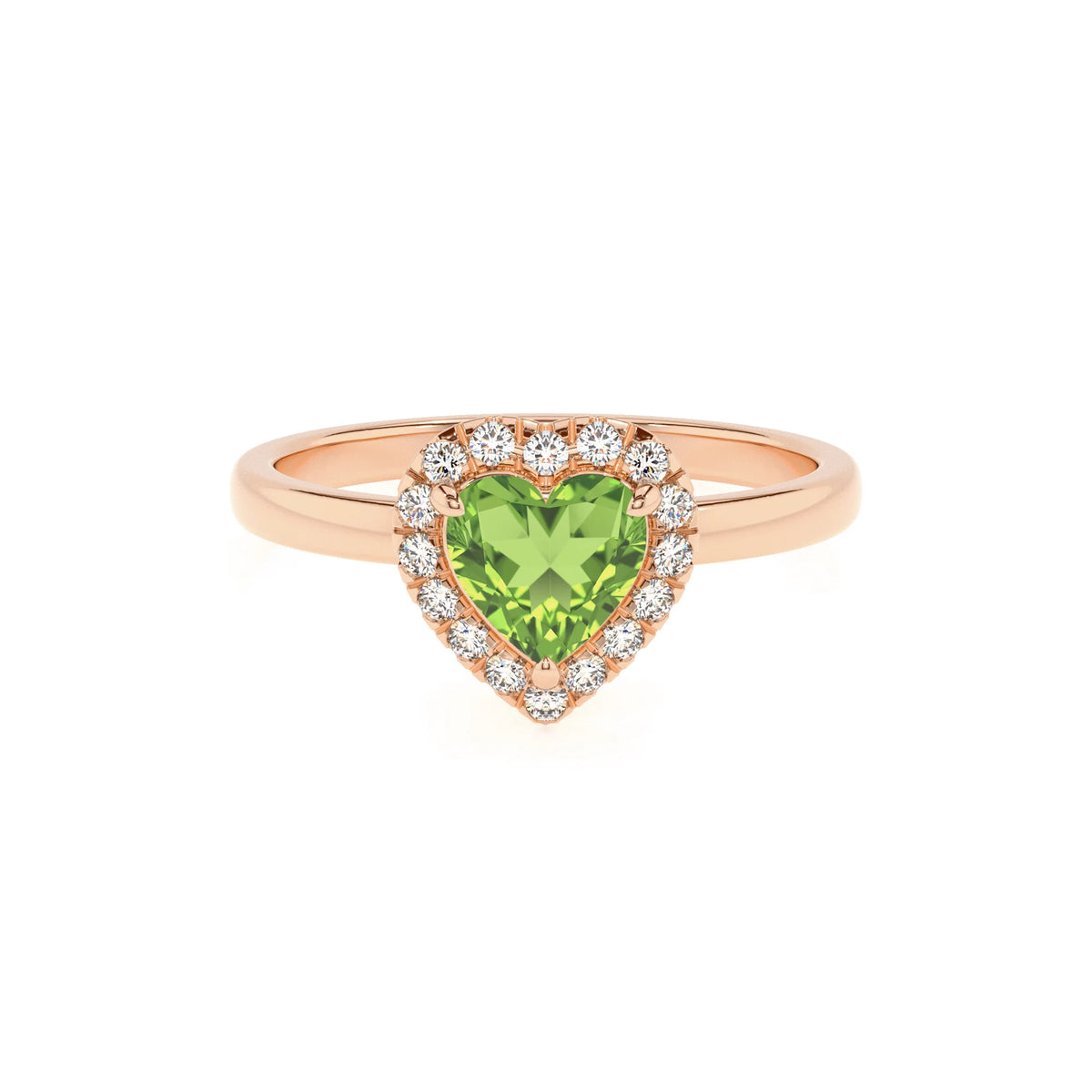 natural peridot heart solitaire rings in rose gold 