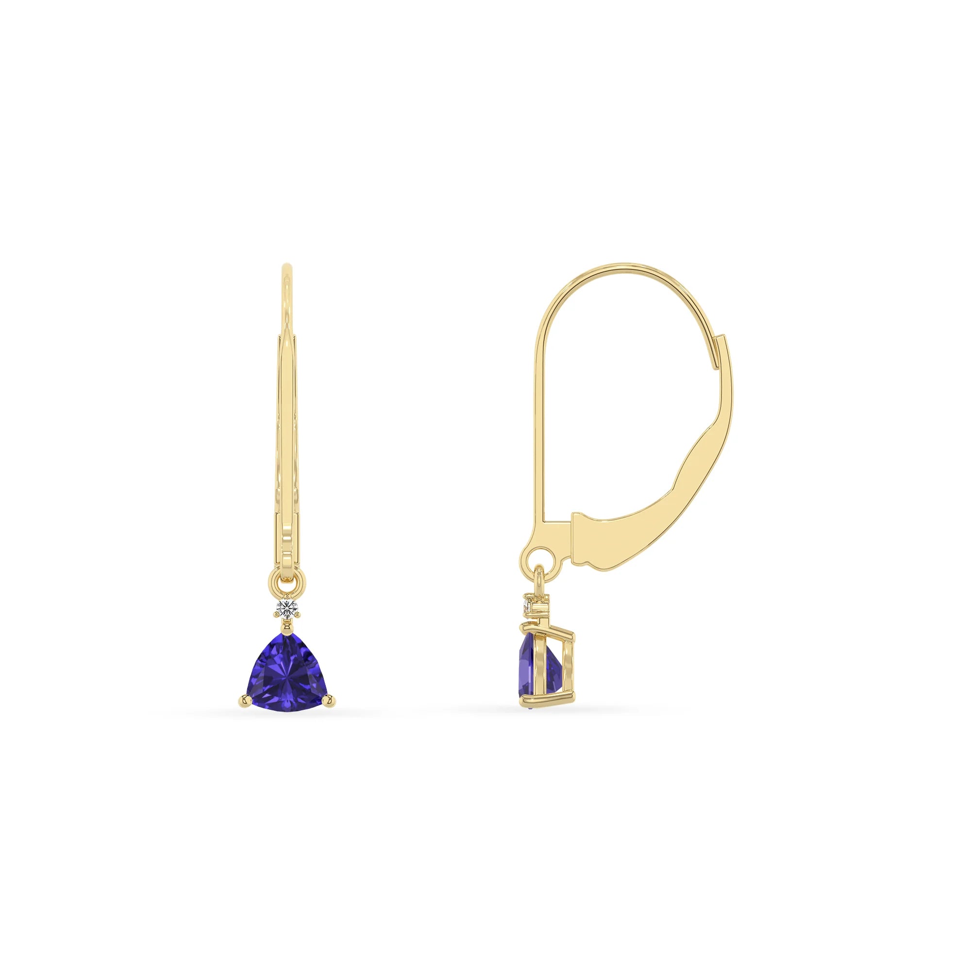 lab grown tanzanite trillion drop earrings in yellow gold 