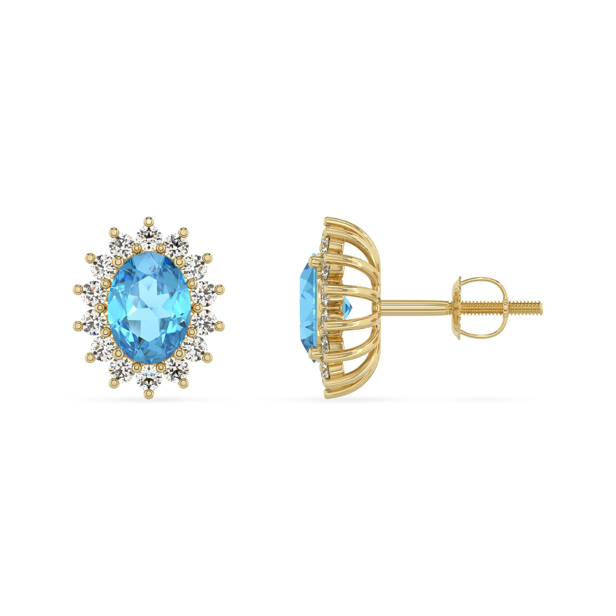natural swiss blue topaz oval stud earrings in yellow gold 