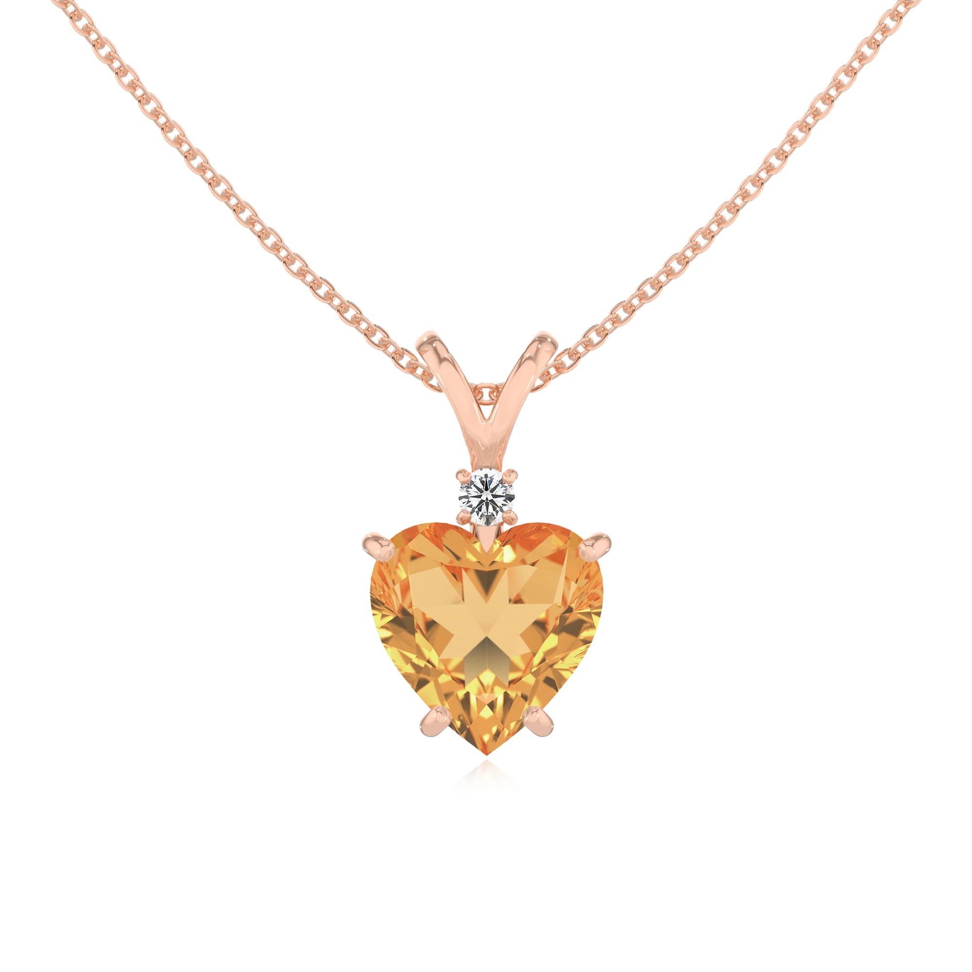 lab grown citrine heart solitaire v-bale necklaces in rose gold 