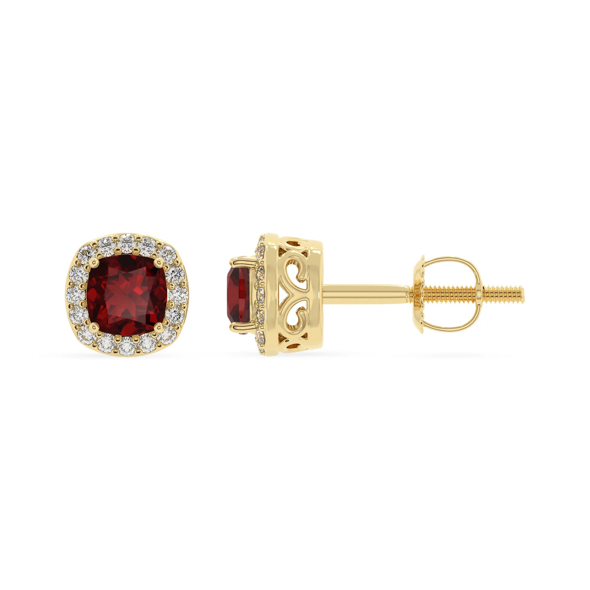 natural garnet cushion stud earrings in yellow gold 