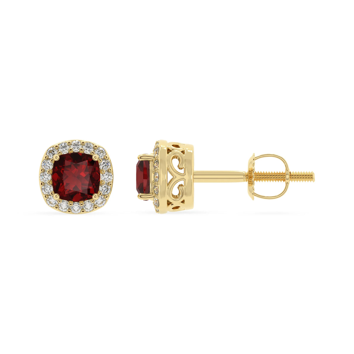 natural garnet cushion stud earrings in yellow gold 