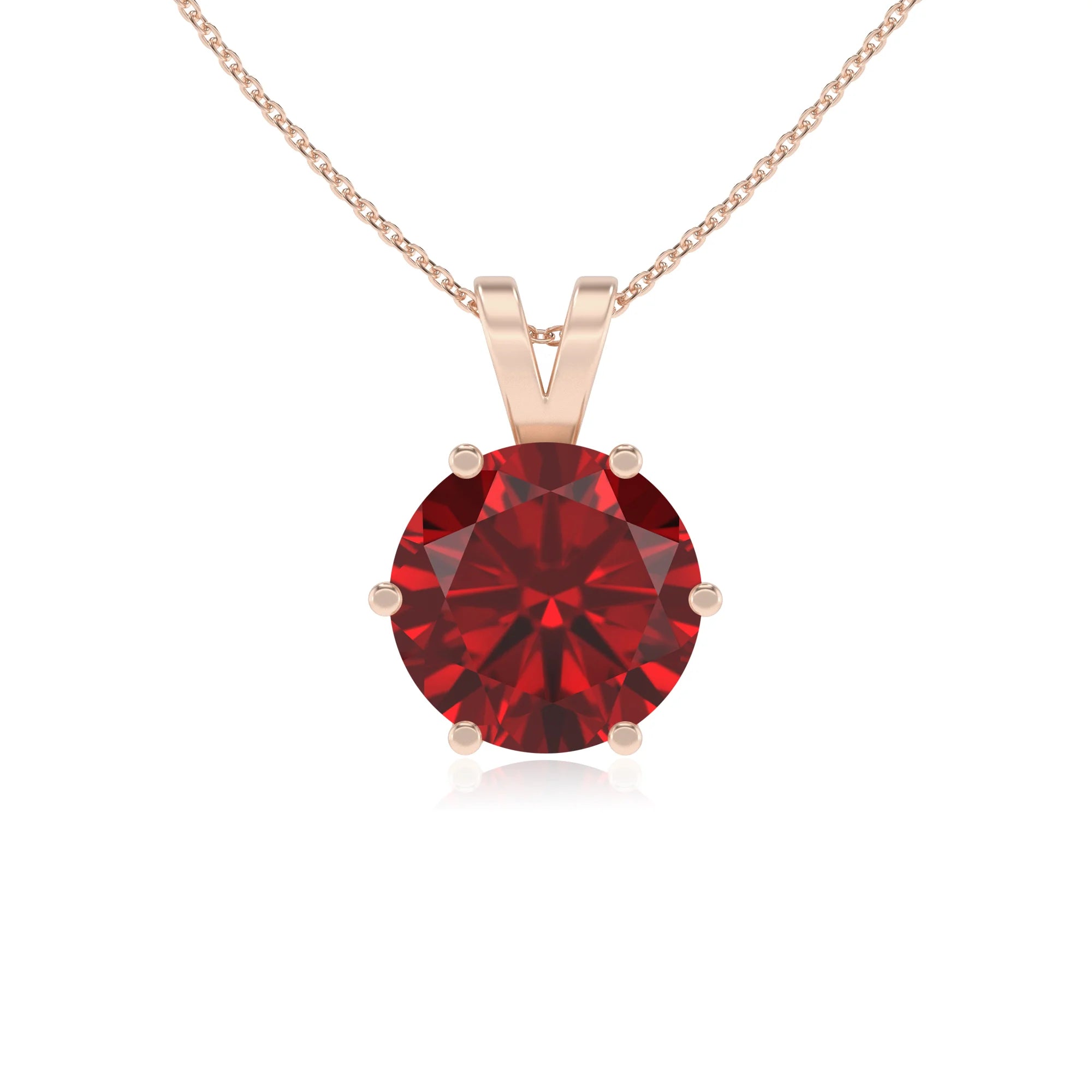 lab grown ruby round solitaire v-bale necklaces in rose gold 