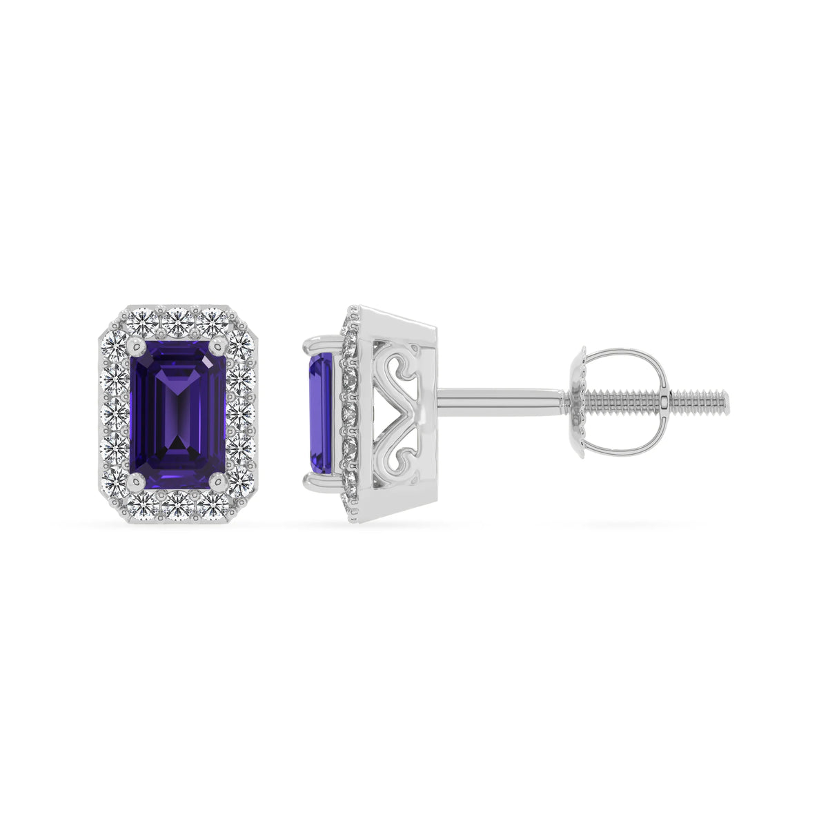 lab grown tanzanite emerald cut stud earrings in white gold 