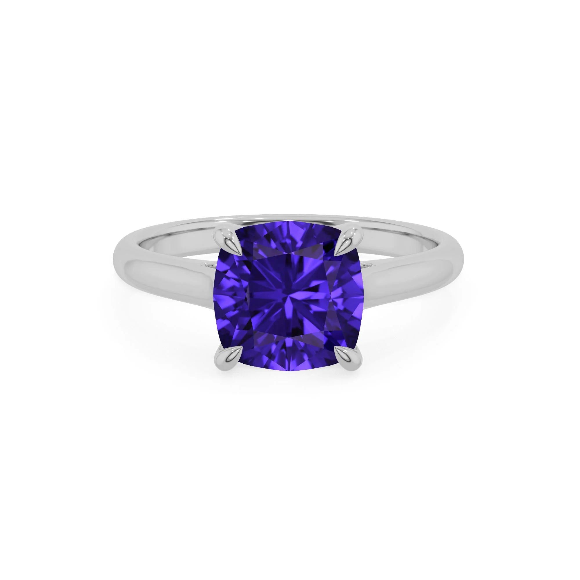 lab grown tanzanite cushion solitaire rings in platinum 