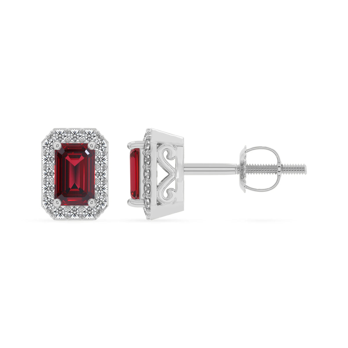lab grown ruby emerald cut stud earrings in sterling silver 