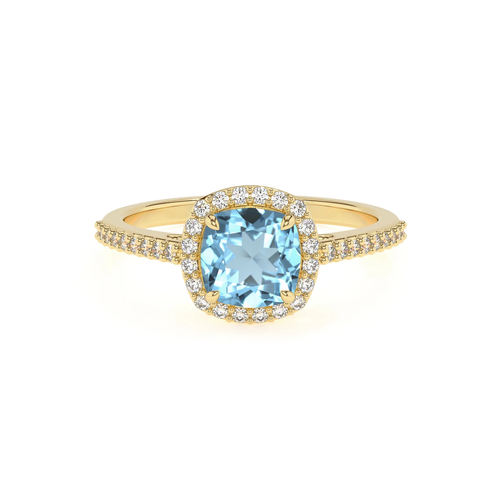 lab grown aquamarine cushion solitaire rings in yellow gold 