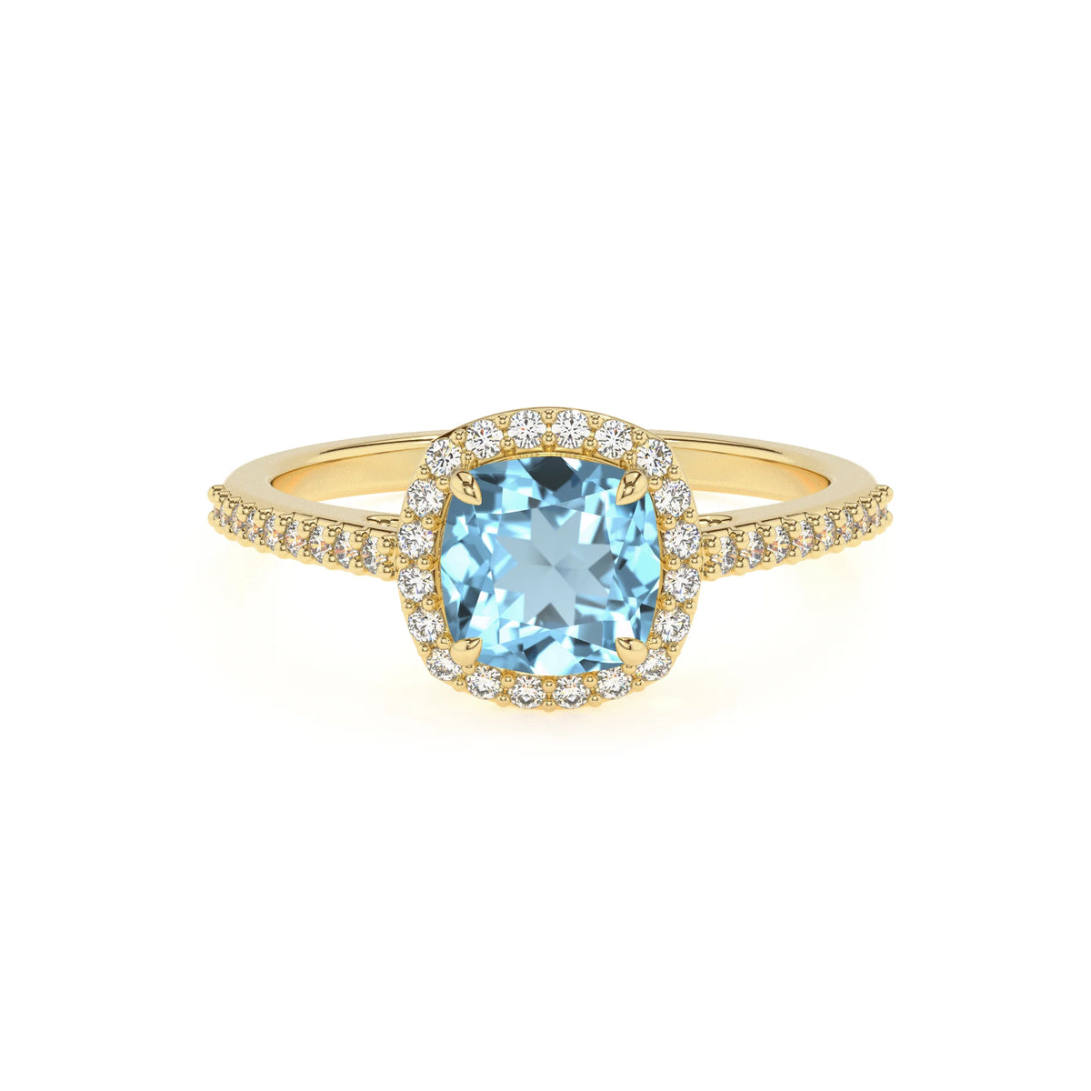 lab grown aquamarine cushion solitaire rings in yellow gold 