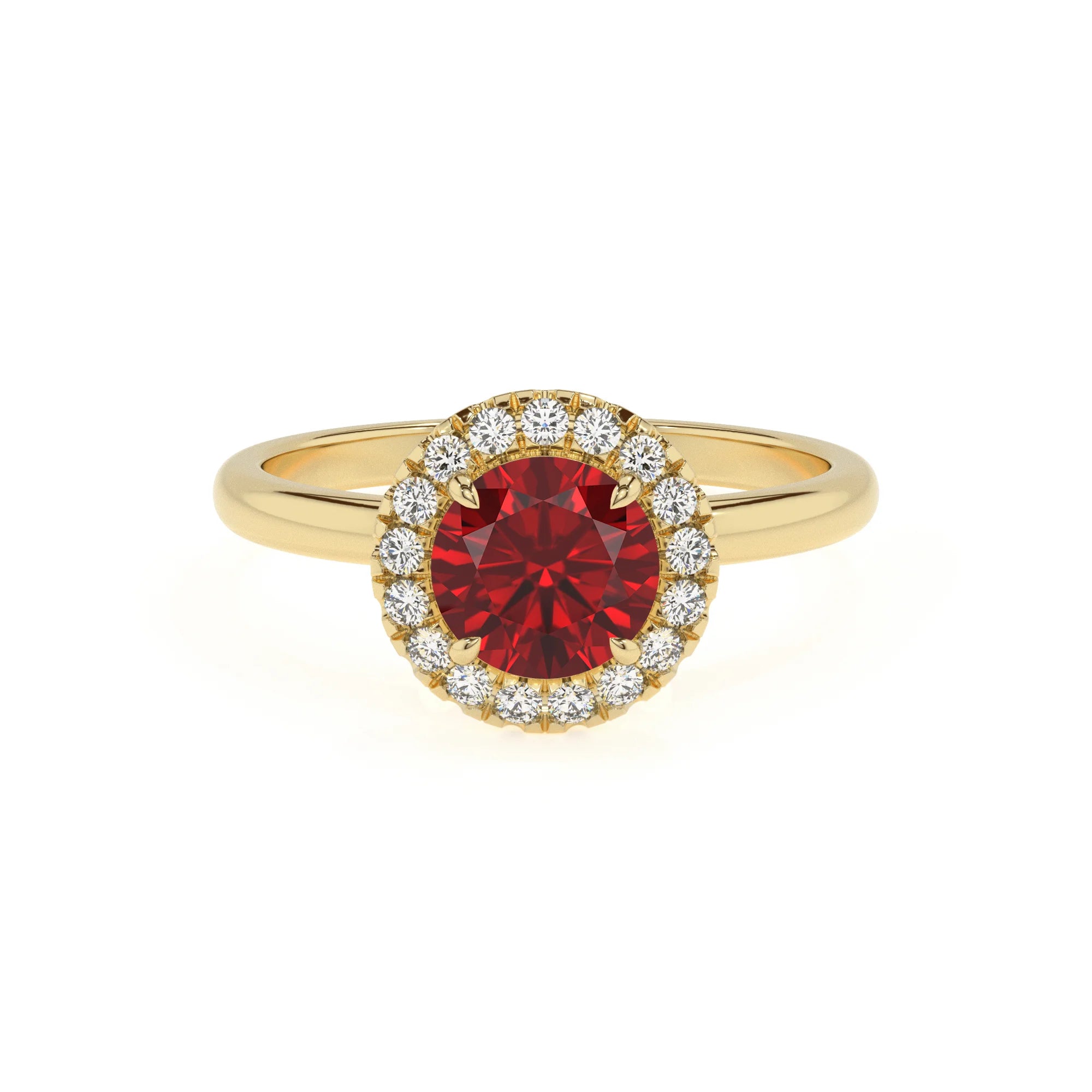 lab grown ruby round solitaire rings in yellow gold 