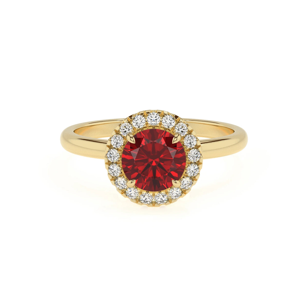 lab grown ruby round solitaire rings in yellow gold 