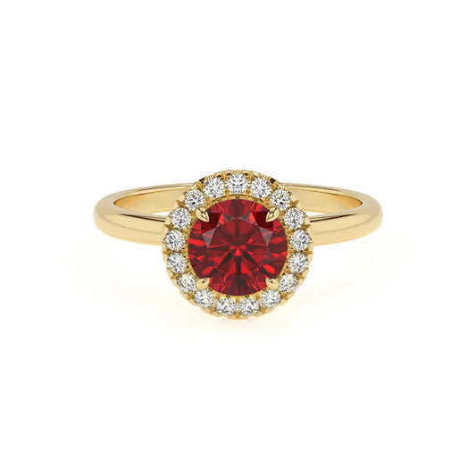 lab grown ruby round solitaire rings in yellow gold 