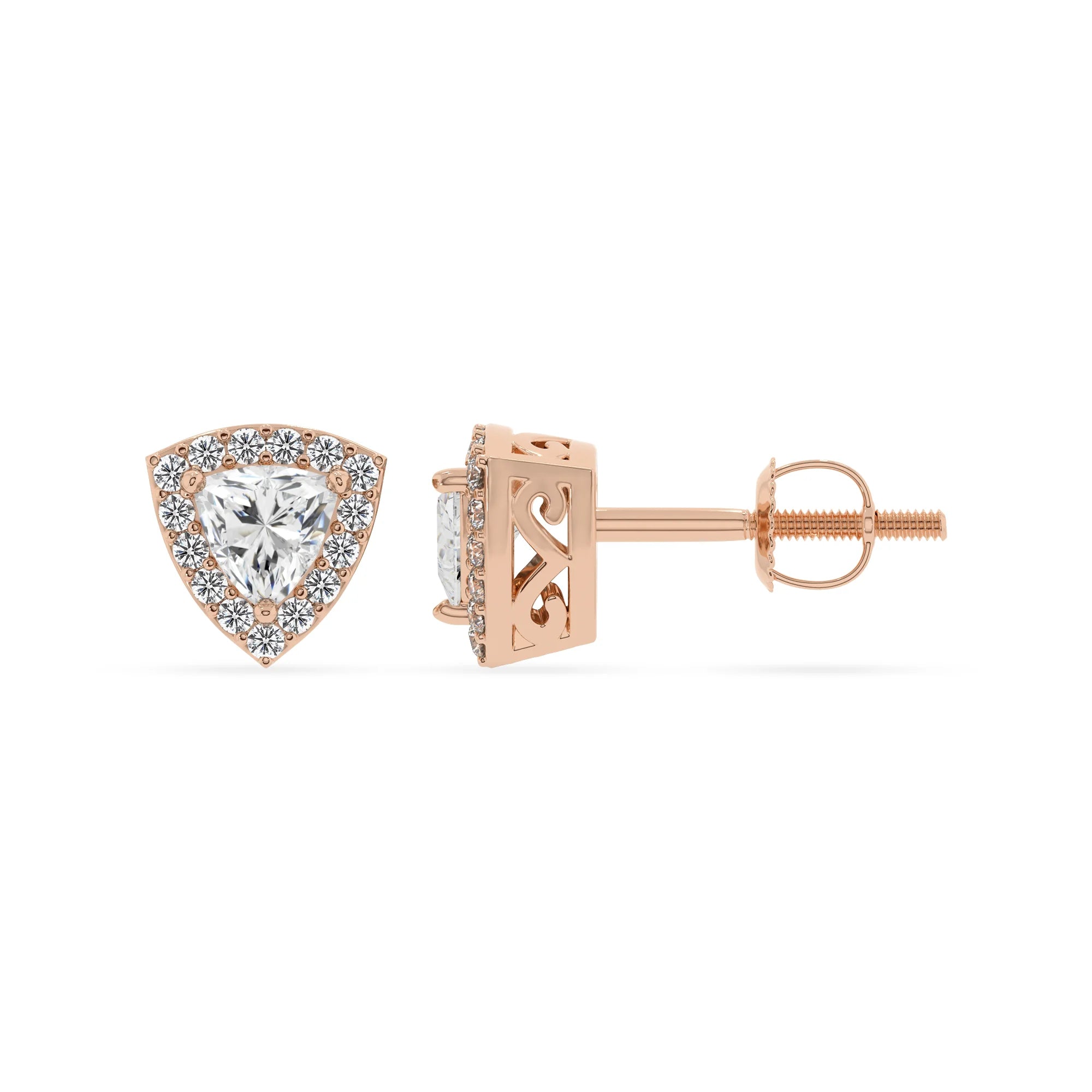 lab grown moissanite trillion stud earrings in rose gold 