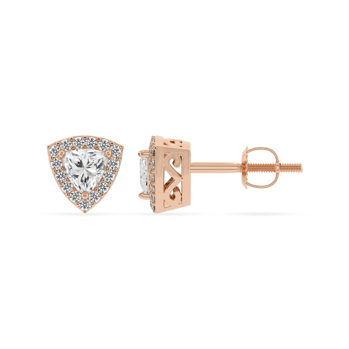 lab grown moissanite trillion stud earrings in rose gold 