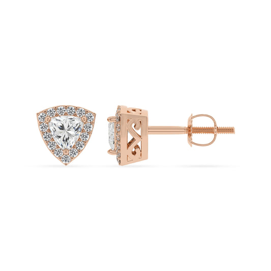 lab grown moissanite trillion stud earrings in rose gold 