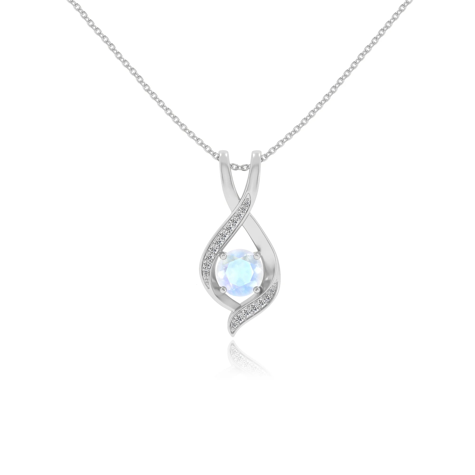 natural rainbow-moonstone round solitaire necklaces in platinum 