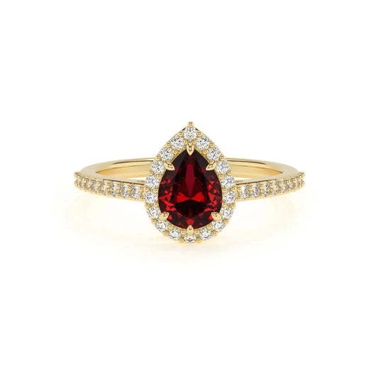 lab grown ruby pear solitaire rings in yellow gold 