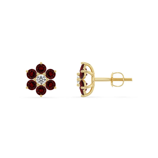 Natural Garnet Round Stud Earrings with Diamond