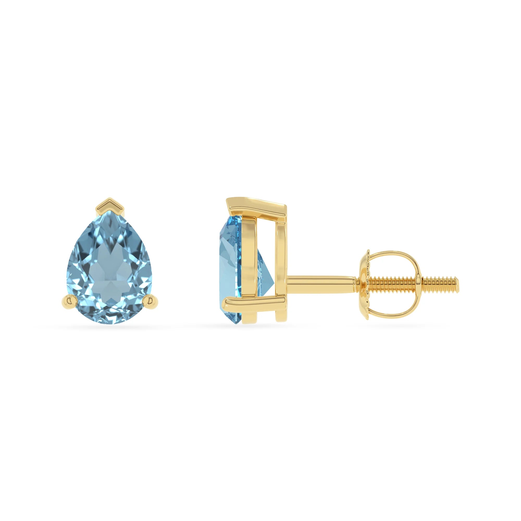lab grown aquamarine pear stud earrings in yellow gold 