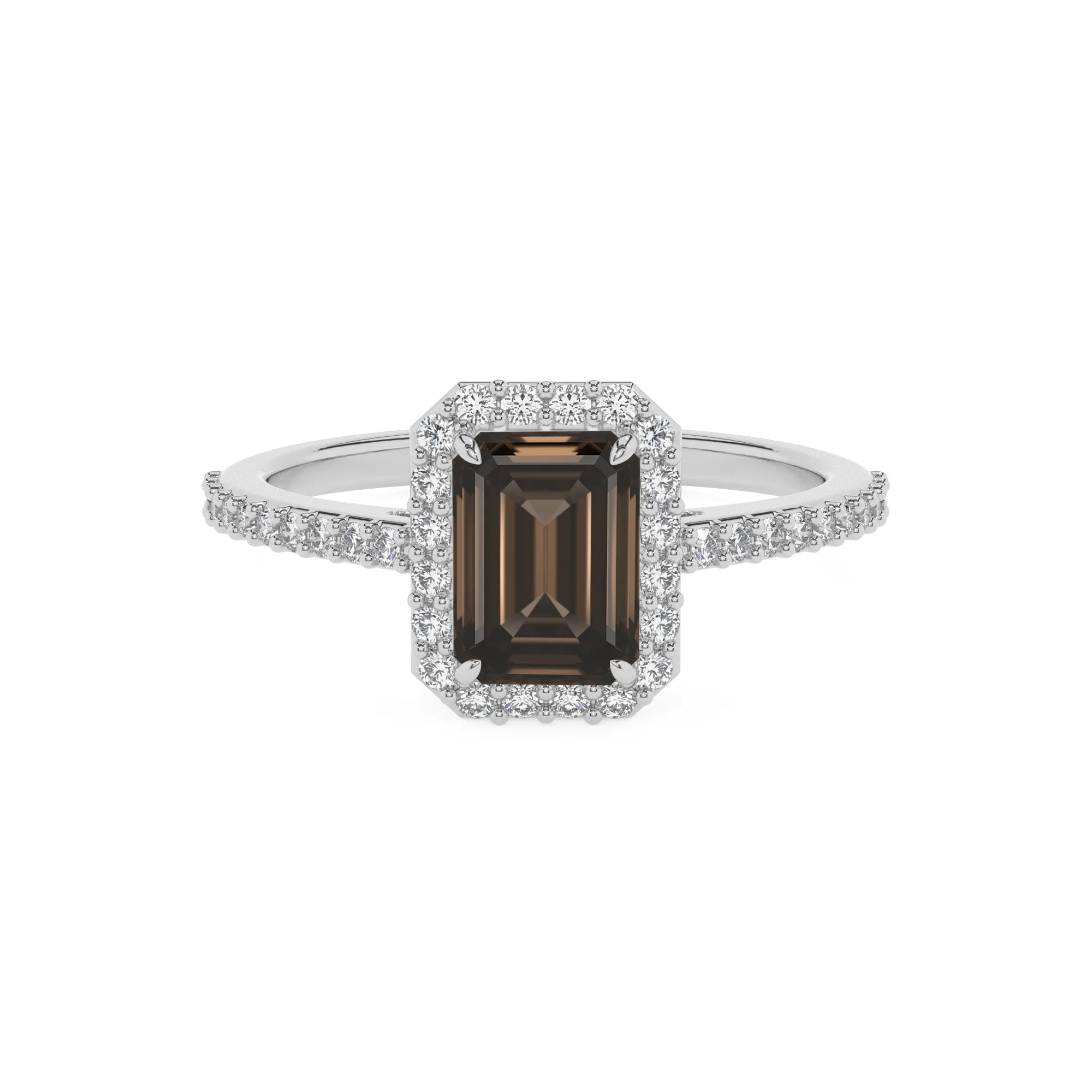 natural smoky-quartz emerald cut solitaire rings in platinum 