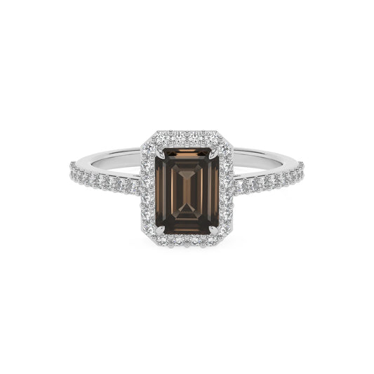 natural smoky-quartz emerald cut solitaire rings in platinum 