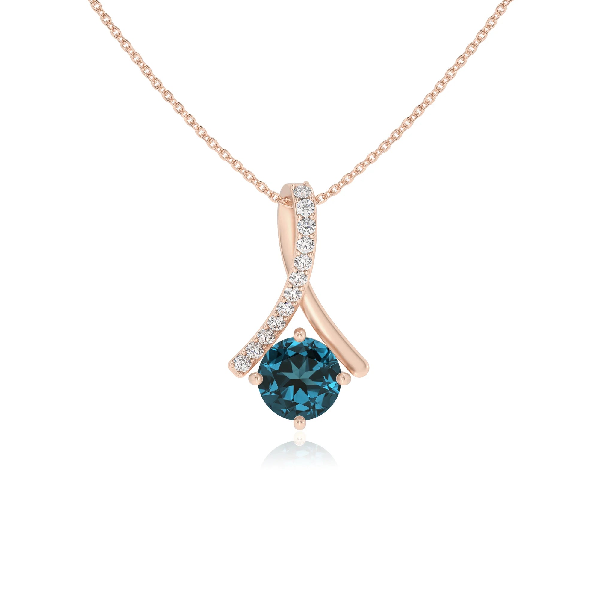 natural london-blue-topaz round solitaire necklaces in rose gold 