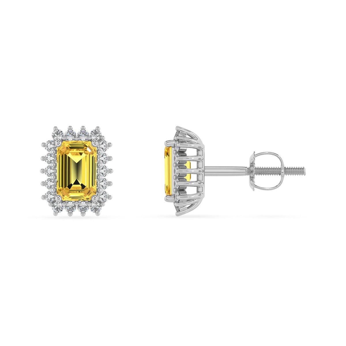 lab grown yellow sapphire emerald cut stud earrings in platinum 