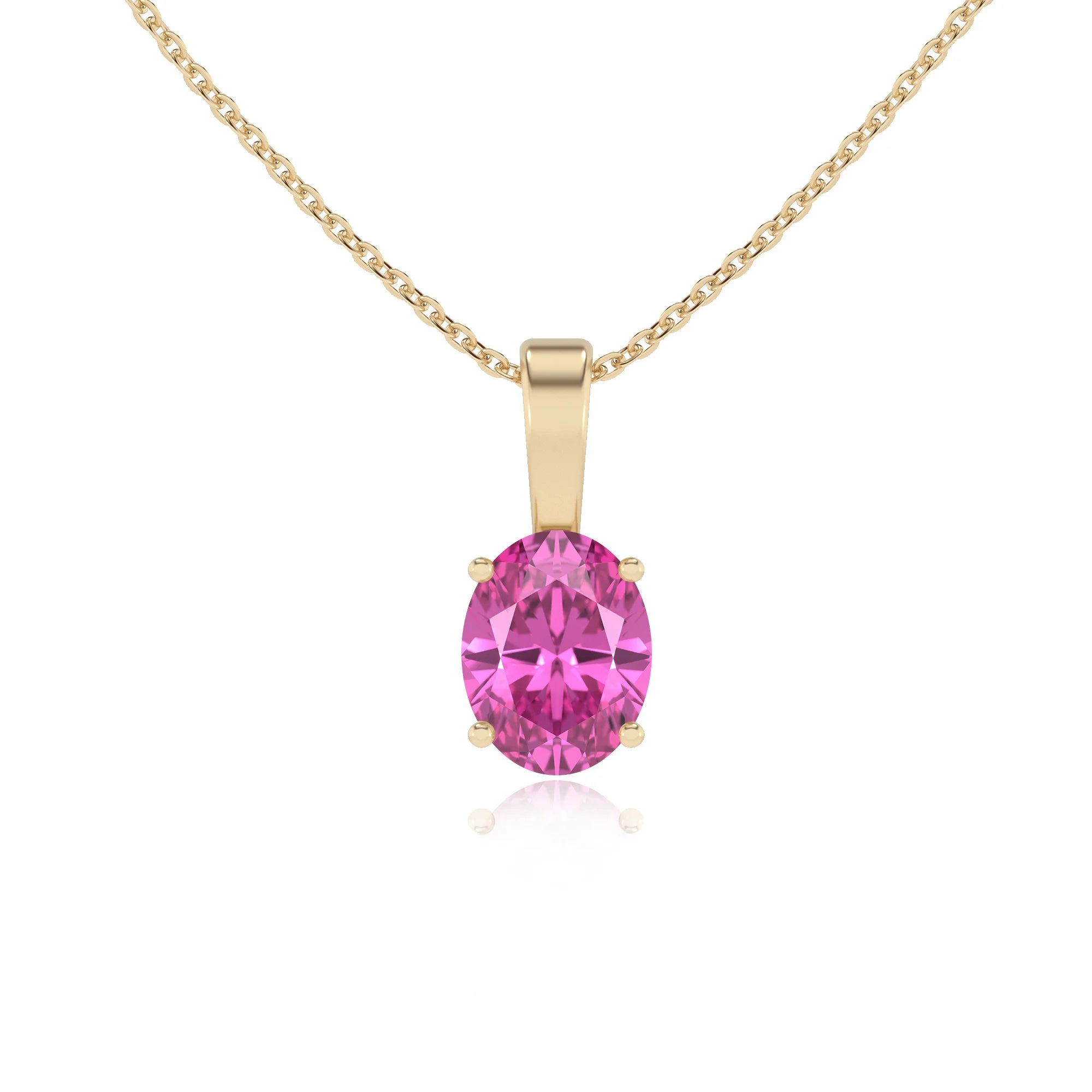 lab grown pink-sapphire oval solitaire necklaces in yellow gold 
