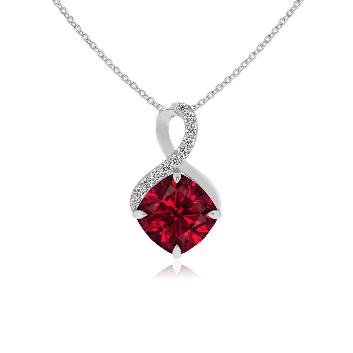 lab grown ruby cushion infinity necklaces in platinum 