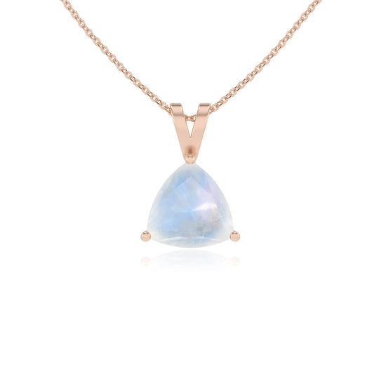 natural rainbow-moonstone trillion solitaire v-bale necklaces in rose gold 