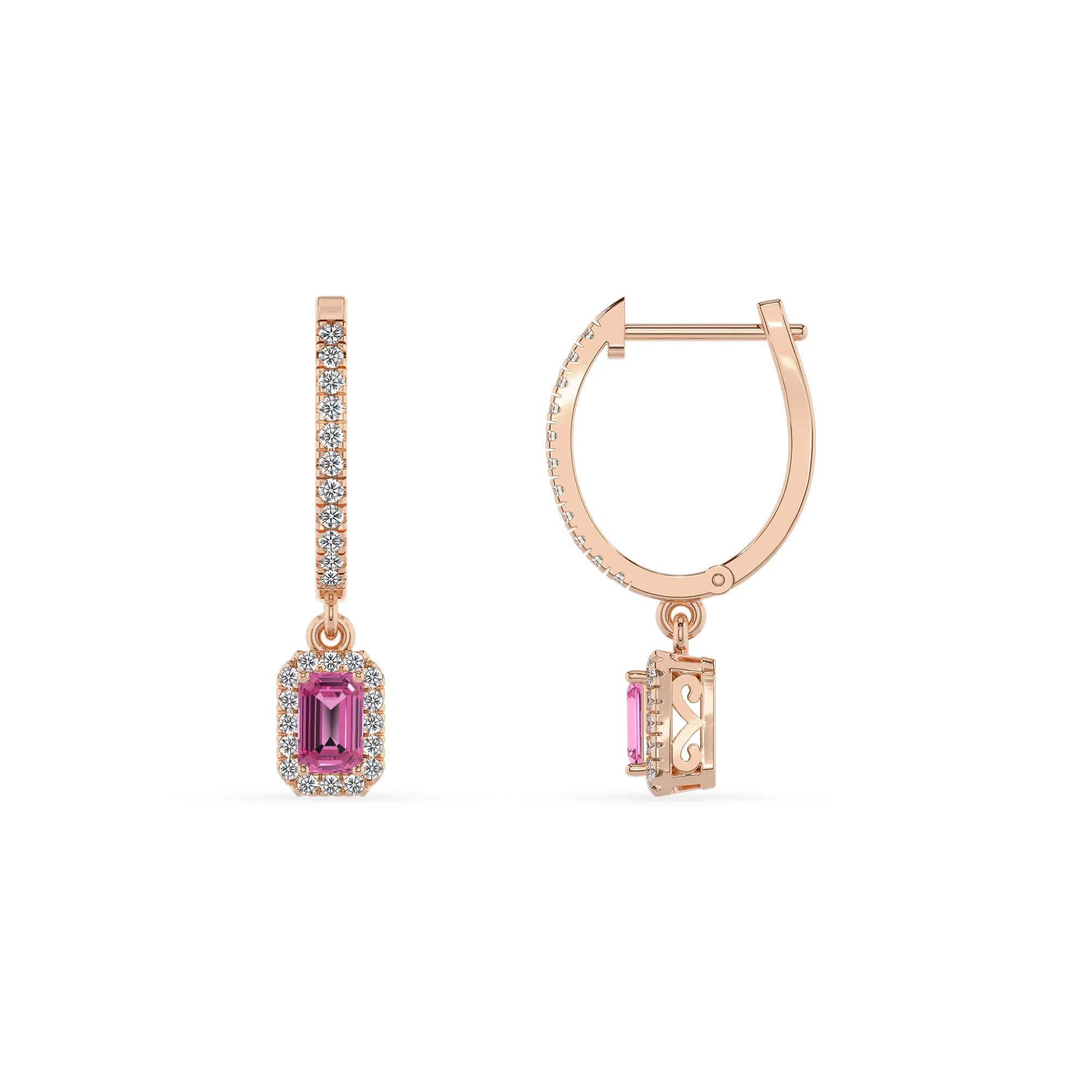 lab grown pink sapphire emerald cut drop earrings in rose gold 