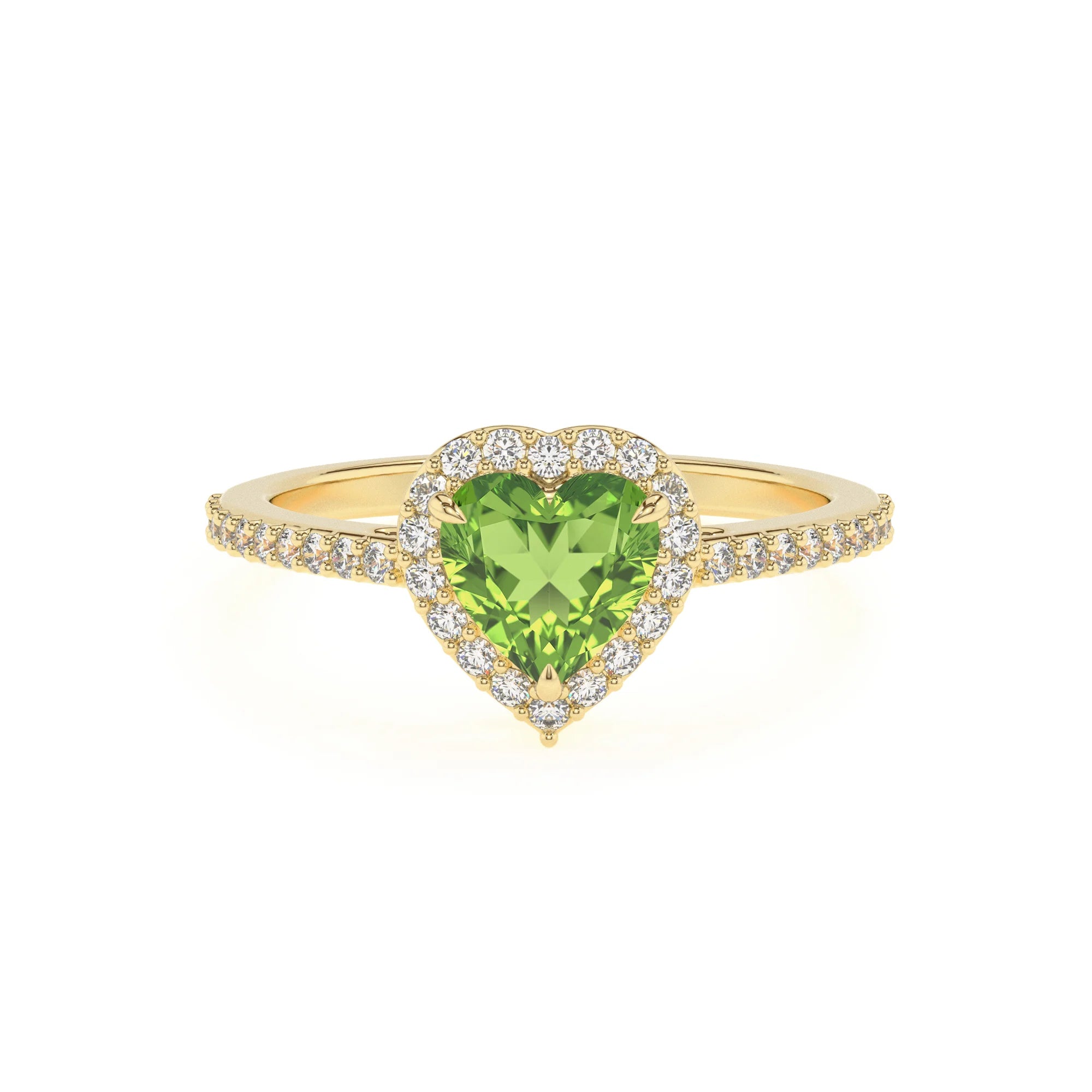 natural peridot heart solitaire rings in yellow gold 