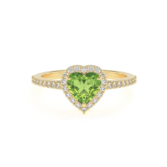 natural peridot heart solitaire rings in yellow gold 