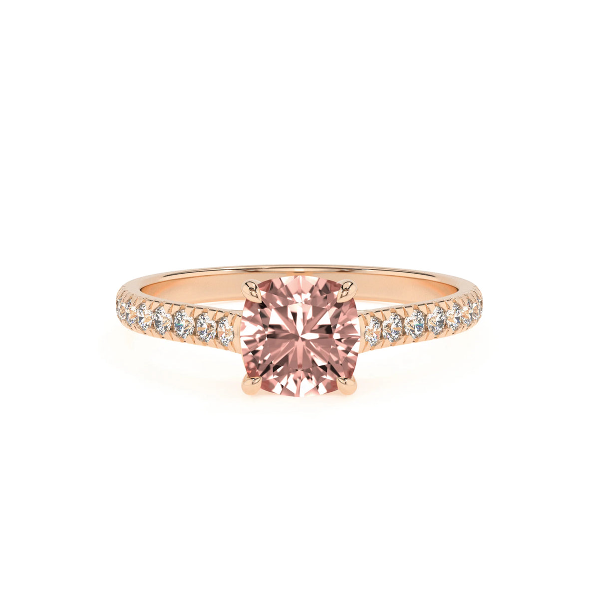lab grown morganite cushion half eternity solitaire engagement rings in rose gold 