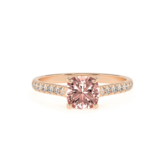 lab grown morganite cushion half eternity solitaire engagement rings in rose gold 