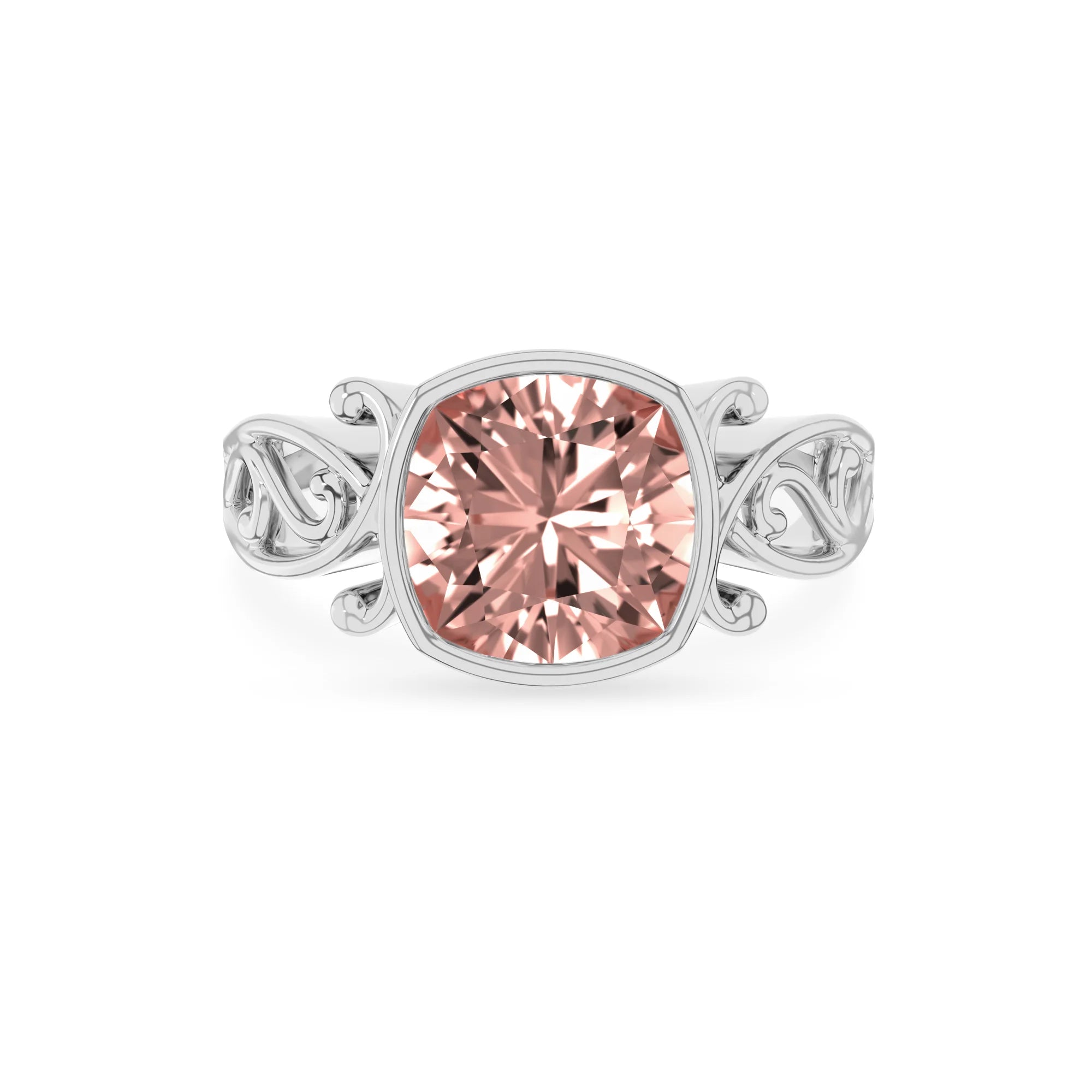 lab grown morganite cushion solitaire rings in platinum 