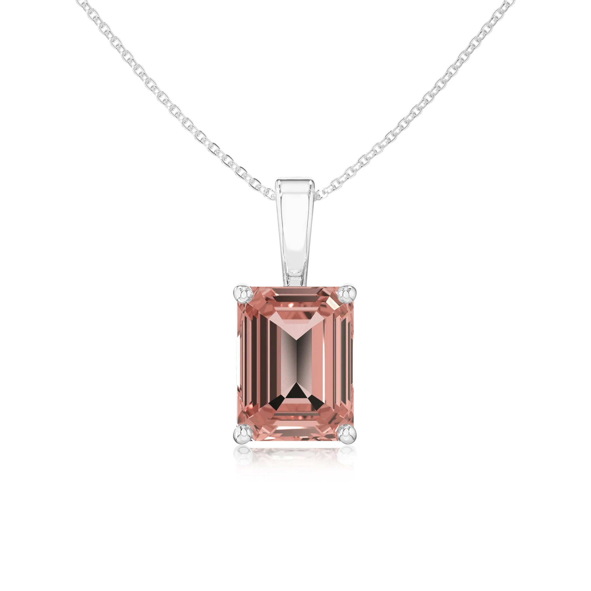 lab grown morganite emerald cut solitaire necklaces in white gold 