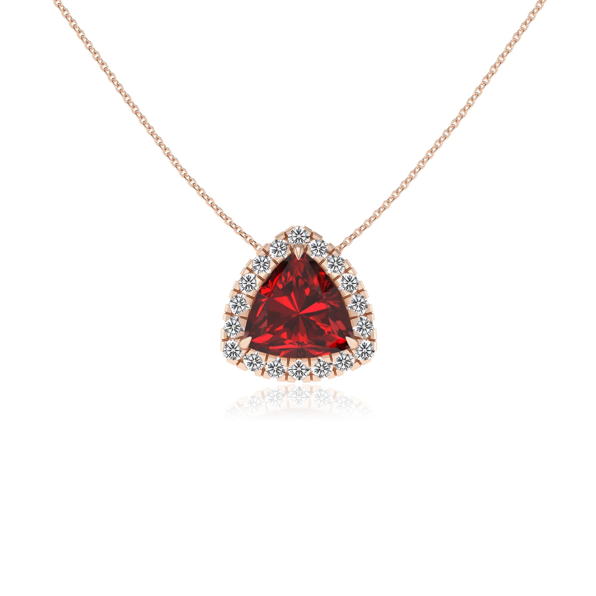 lab grown ruby trillion solitaire necklaces in rose gold 
