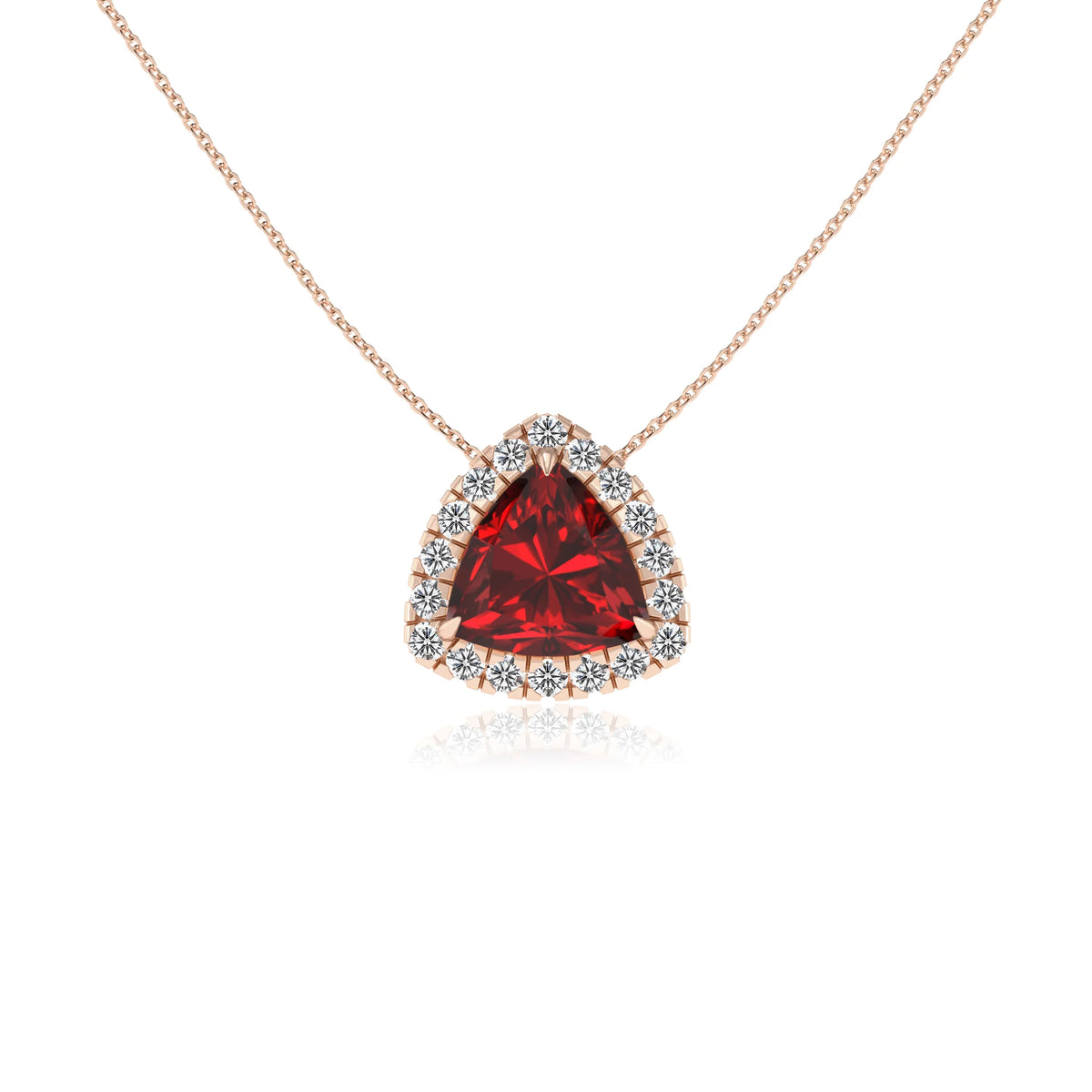 lab grown ruby trillion solitaire necklaces in rose gold 
