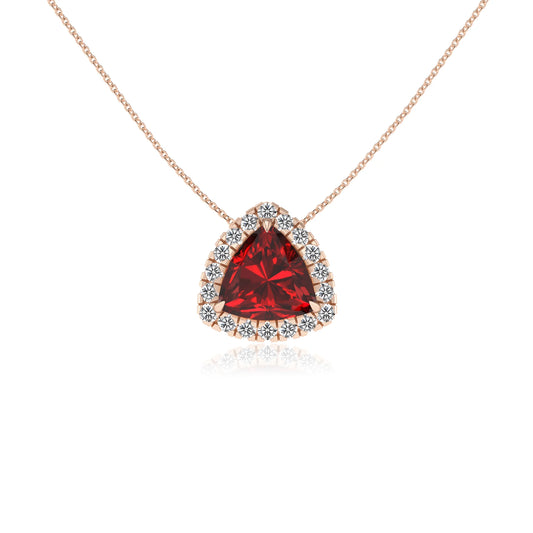 lab grown ruby trillion solitaire necklaces in rose gold 