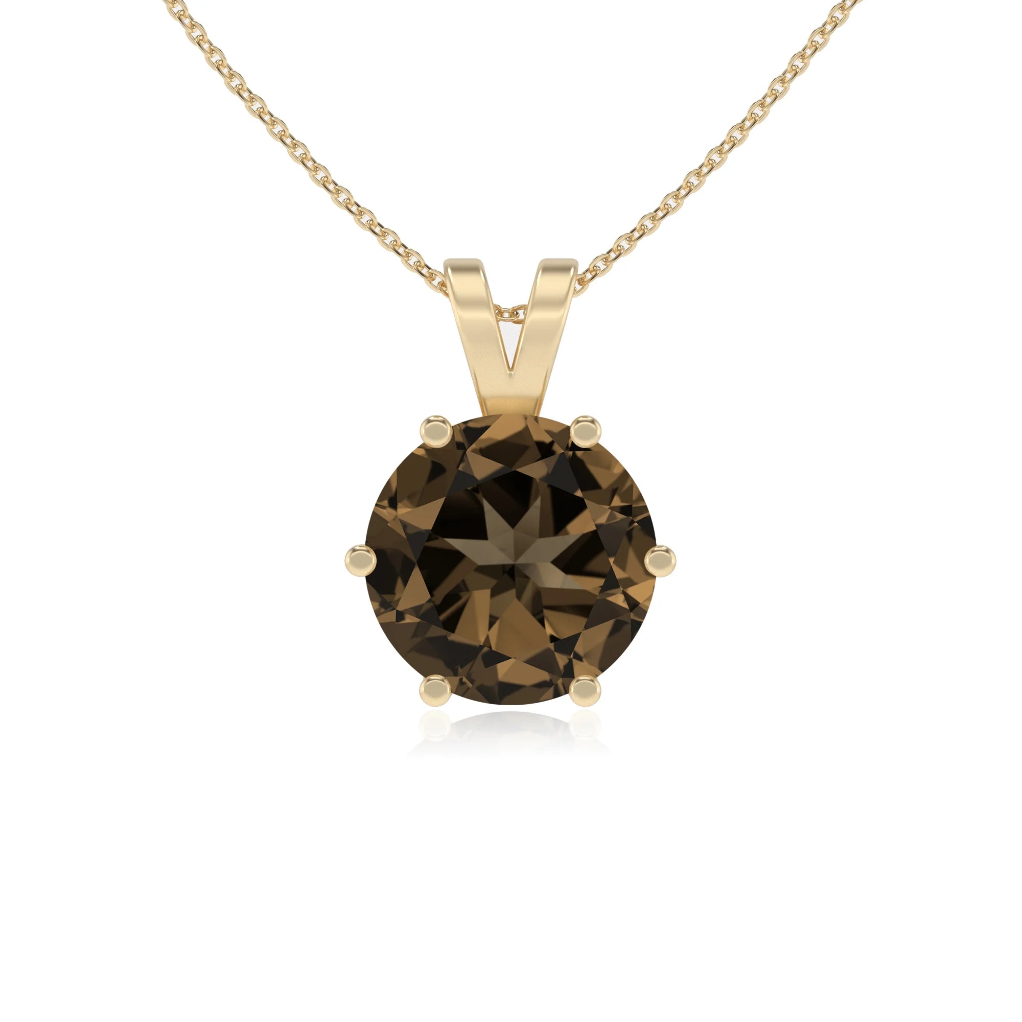 natural smoky-quartz round solitaire v-bale necklaces in yellow gold 