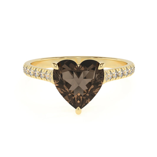 natural smoky-quartz heart half eternity solitaire engagement rings in yellow gold 