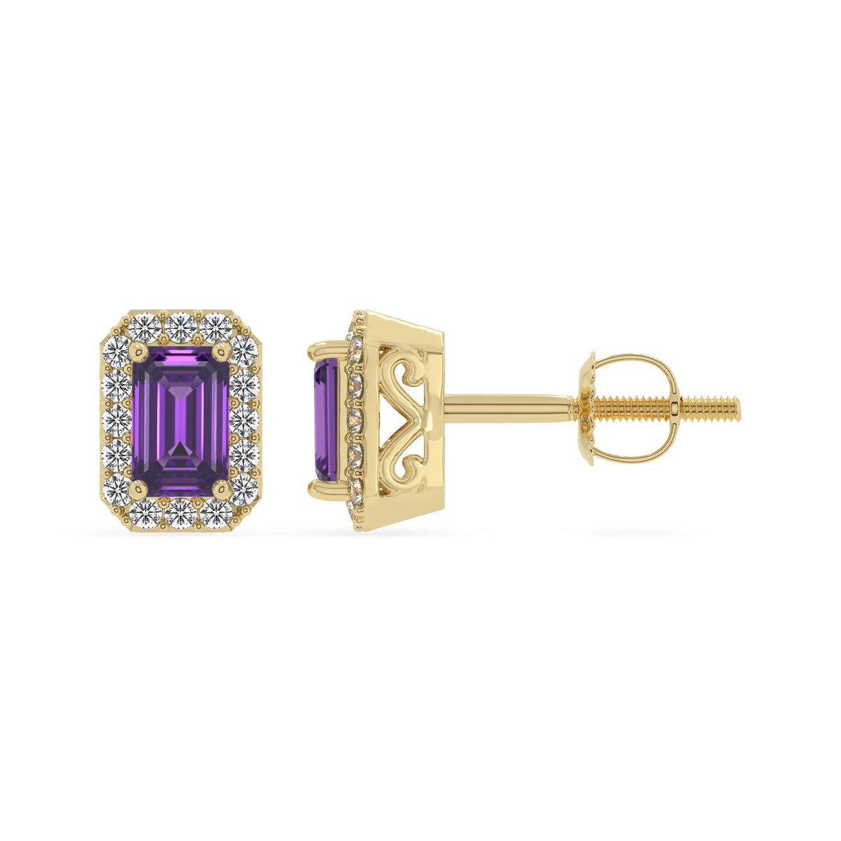lab grown amethyst emerald cut stud earrings in yellow gold 