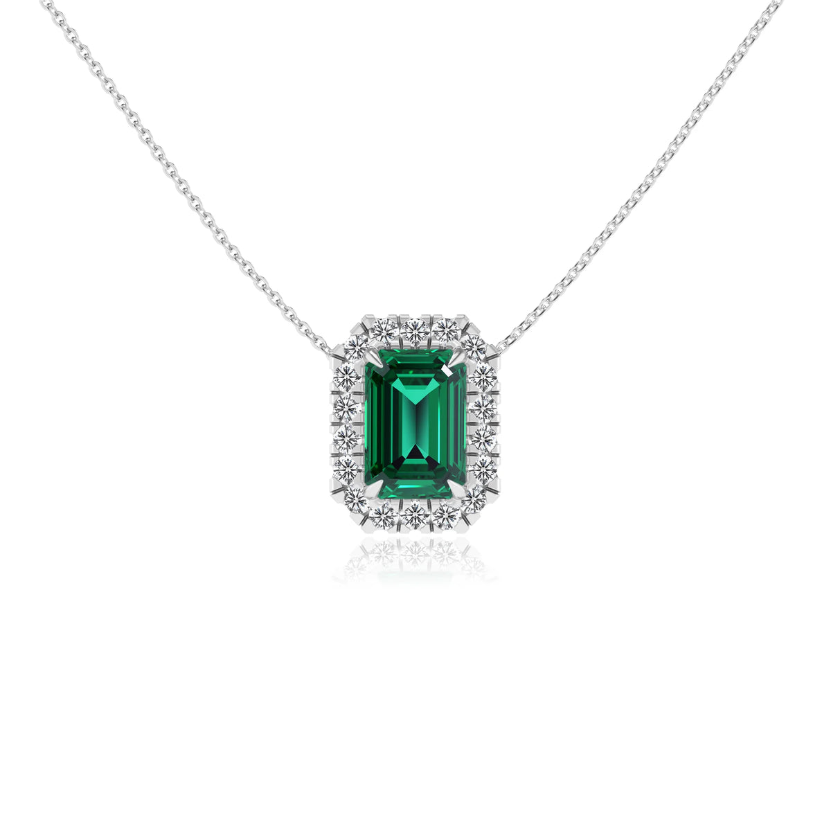 lab grown emerald octogon cut solitaire necklaces in white gold 