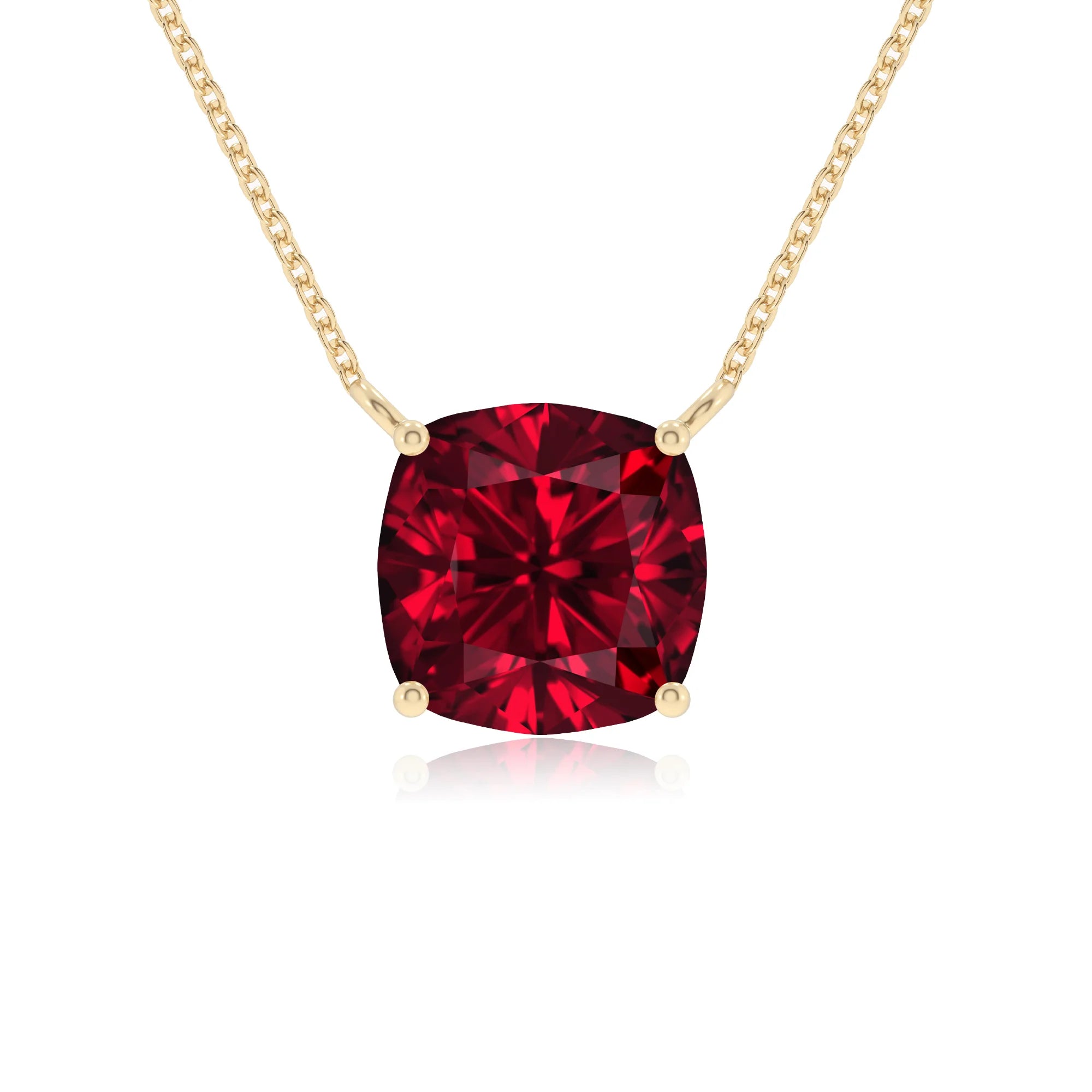 lab grown ruby cushion solitaire necklaces in yellow gold 