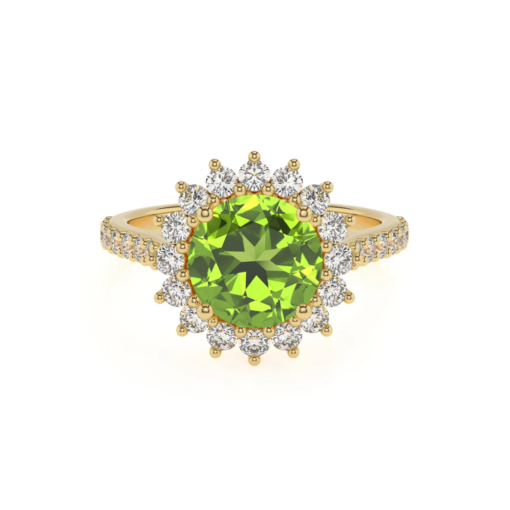 natural peridot round solitaire rings in yellow gold 