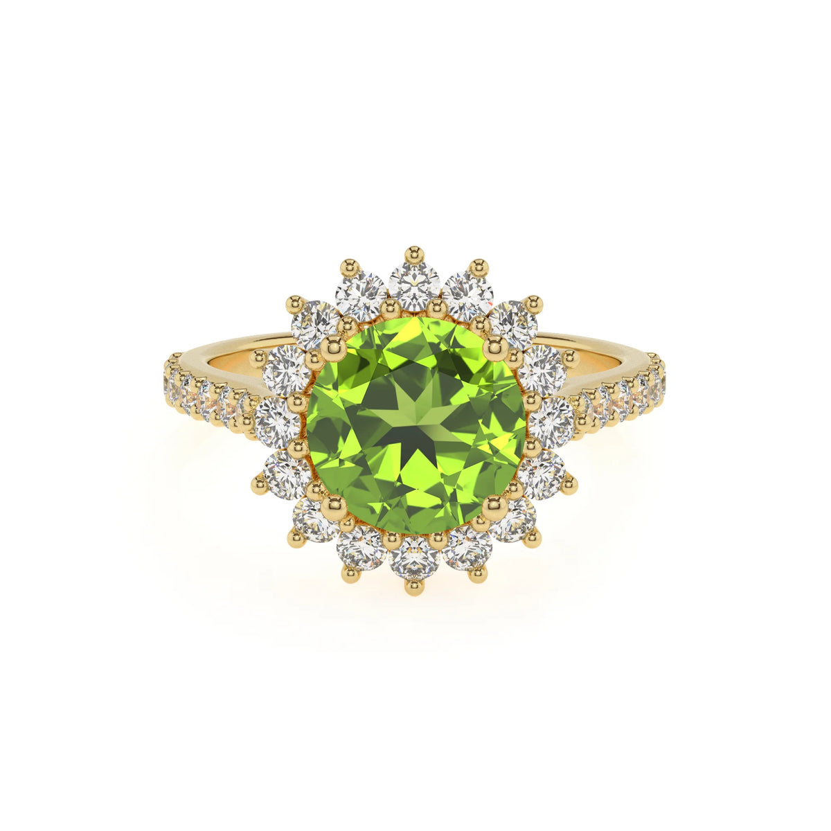 natural peridot round solitaire rings in yellow gold 
