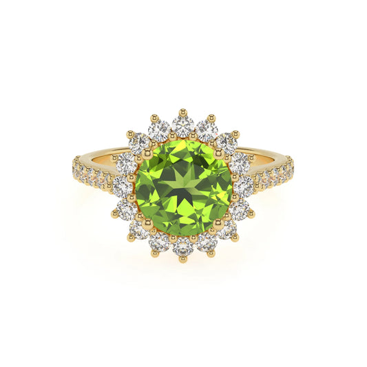 natural peridot round solitaire rings in yellow gold 