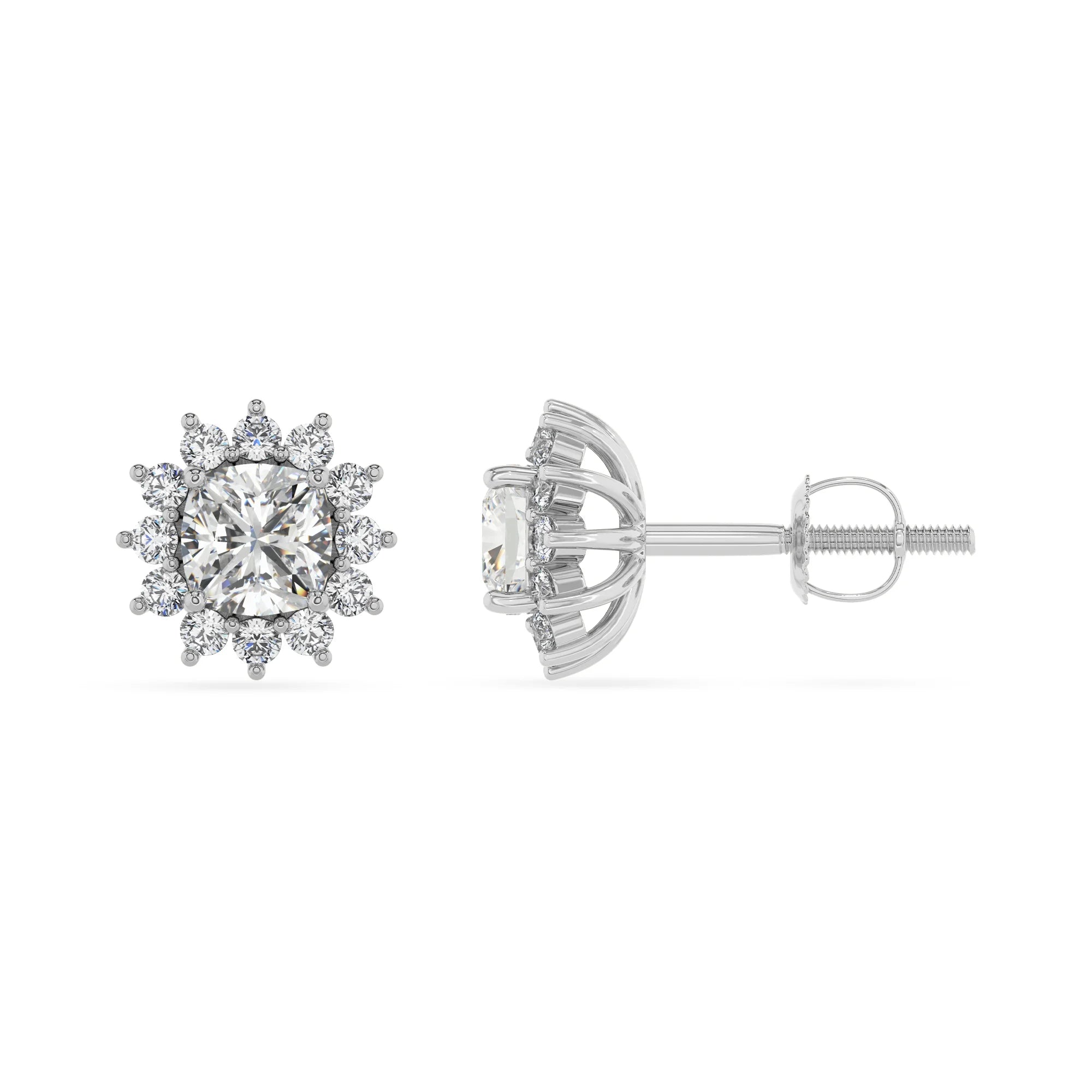 lab grown moissanite cushion stud earrings in white gold 