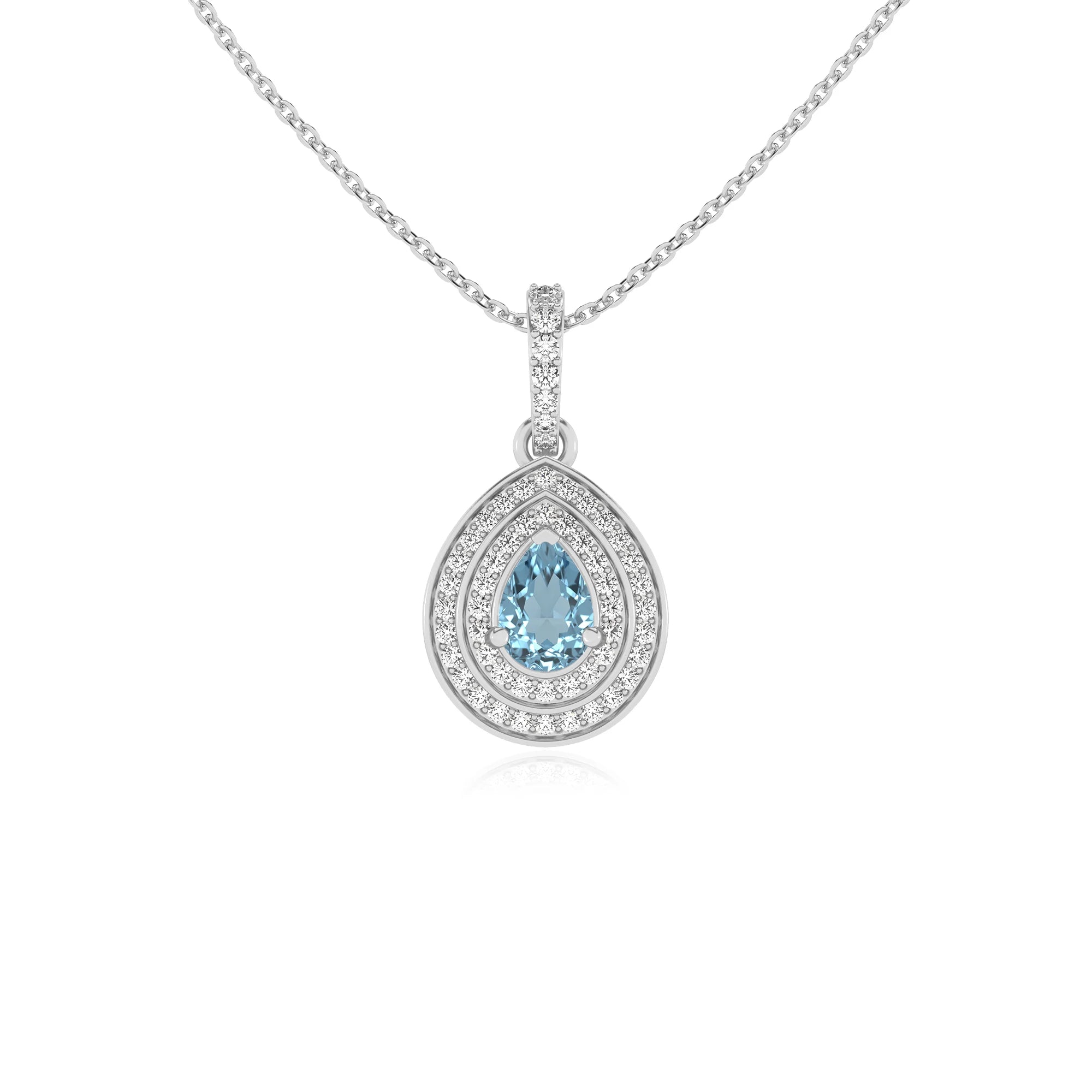 lab grown aquamarine pear halo necklaces in white gold 