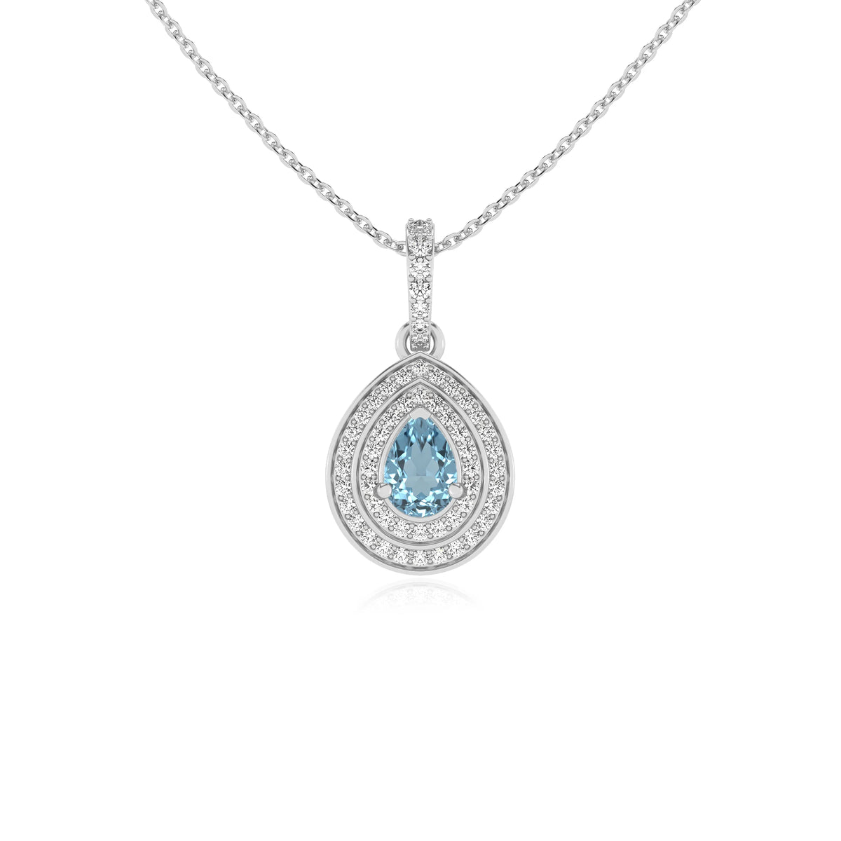 lab grown aquamarine pear halo necklaces in white gold 